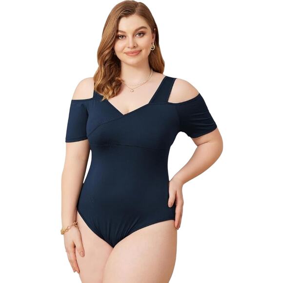 [B9] NWOT Navy Blue Cold Shoulder Bodysuit, Size 1X - Picture 1 of 5